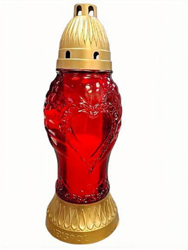 Photo of Lge Red Heart Glass Grave Candle 29cm/12' Pk5